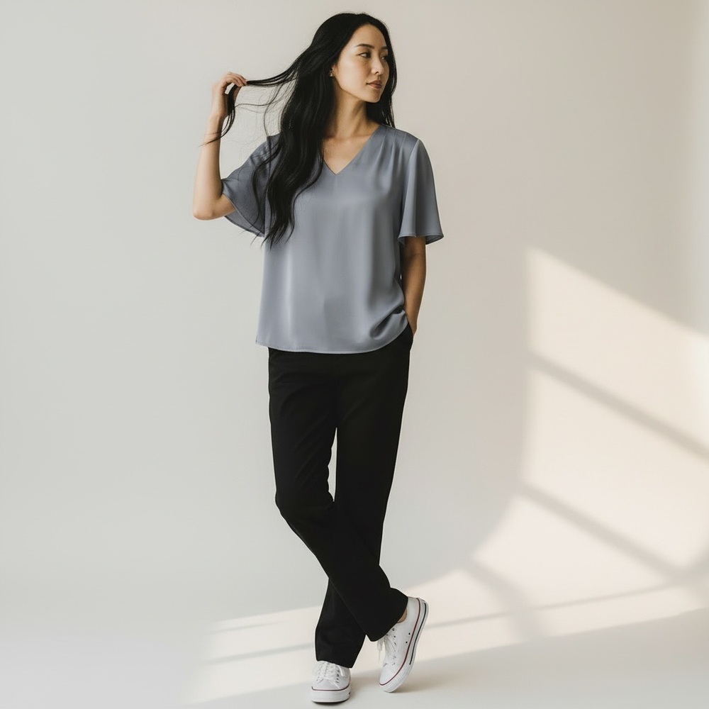 MOTF Slate Blue V-Neck Pleated Shoulder Blouse